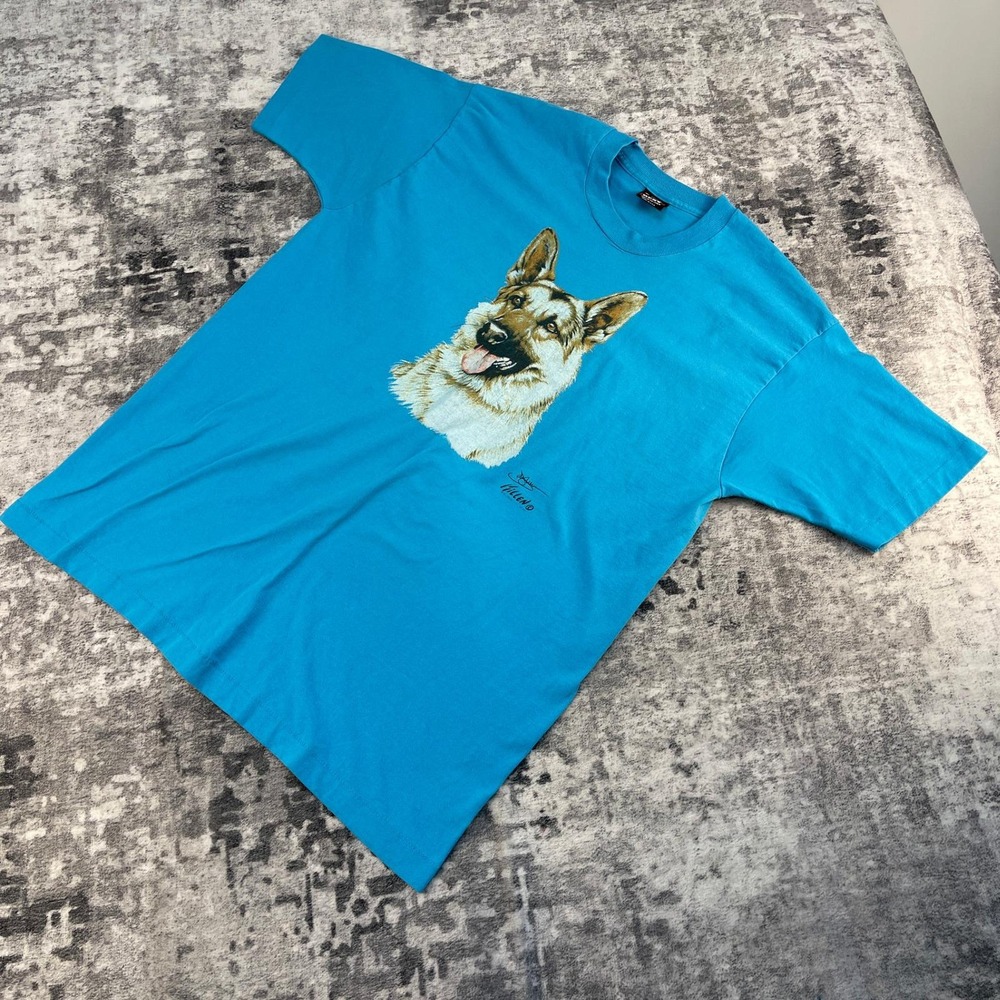 Vtg Fruit of the Loom Mens XL T-shirt 90s German Shepherd Dog Blue Jim Killen
